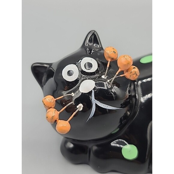 Whimsical Ceramic Cat Figurine Black with Polka Dots Halloween Pumpkin Figurine - Picture 3 of 10